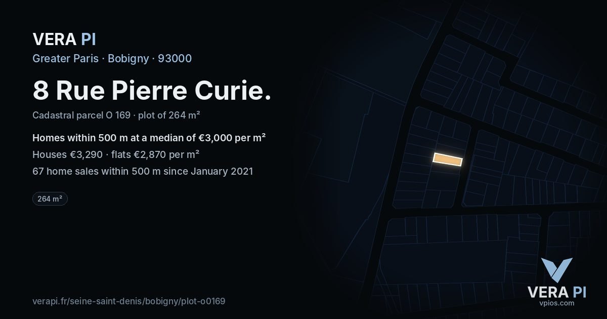 8 Rue Pierre Curie, Bobigny at night – the plot lit, the parcels around coloured by the prices near them