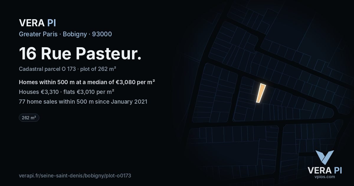 16 Rue Pasteur, Bobigny at night – the plot lit, the parcels around coloured by the prices near them