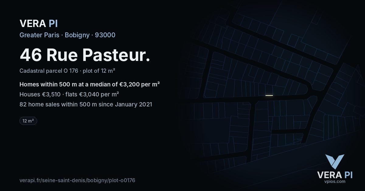 46 Rue Pasteur, Bobigny at night – the plot lit, the parcels around coloured by the prices near them