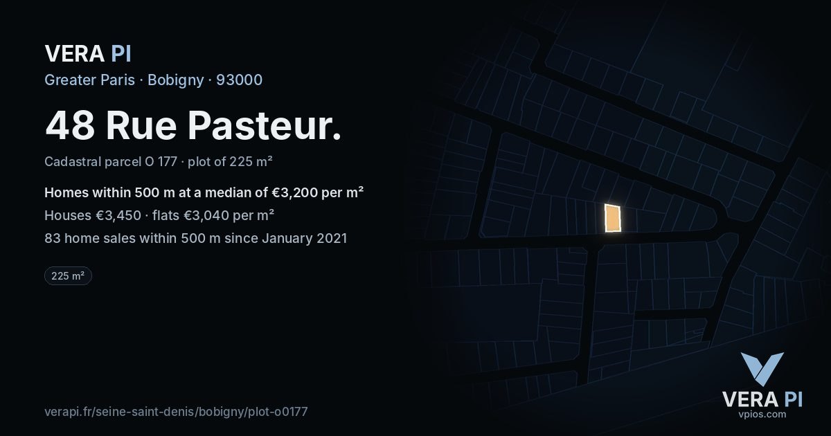 48 Rue Pasteur, Bobigny at night – the plot lit, the parcels around coloured by the prices near them