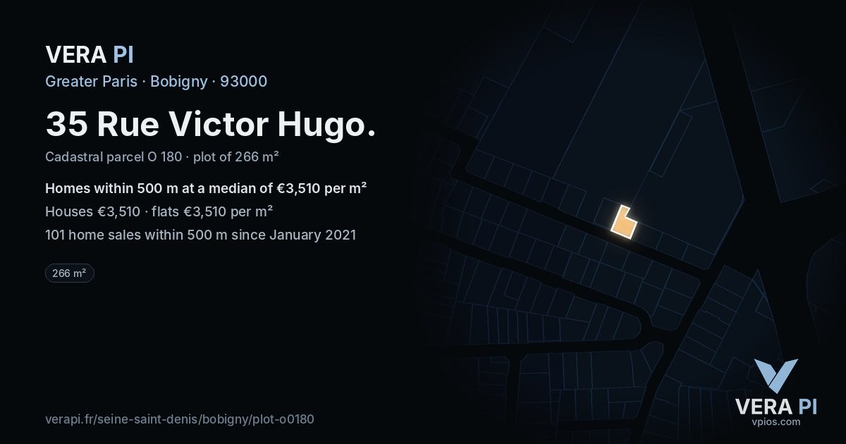 35 Rue Victor Hugo, Bobigny at night – the plot lit, the parcels around coloured by the prices near them