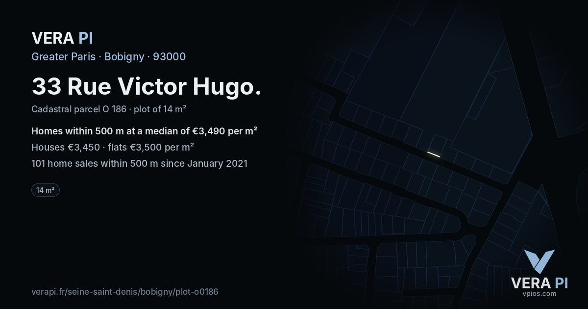 33 Rue Victor Hugo, Bobigny at night – the plot lit, the parcels around coloured by the prices near them