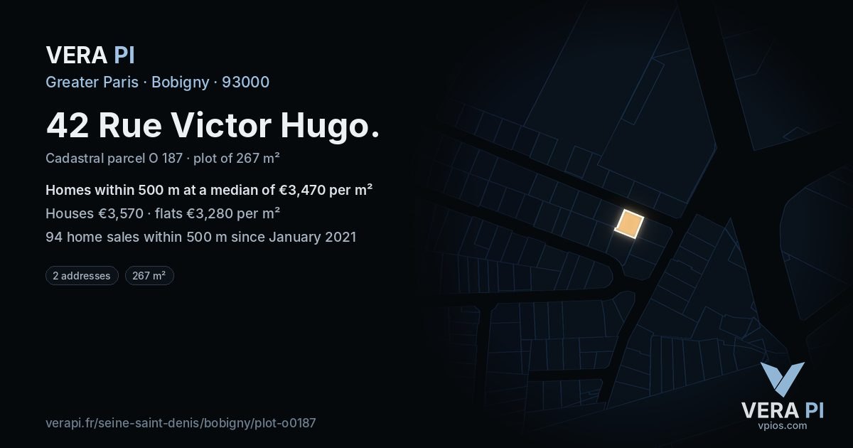 42 Rue Victor Hugo, Bobigny at night – the plot lit, the parcels around coloured by the prices near them