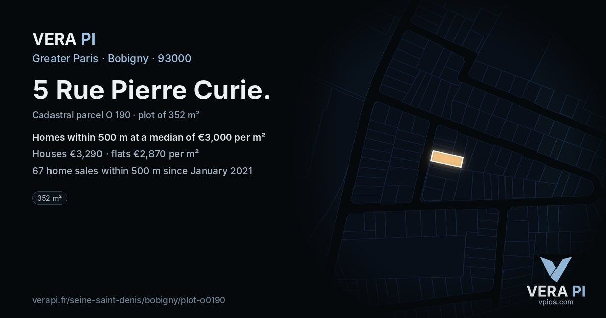 5 Rue Pierre Curie, Bobigny at night – the plot lit, the parcels around coloured by the prices near them