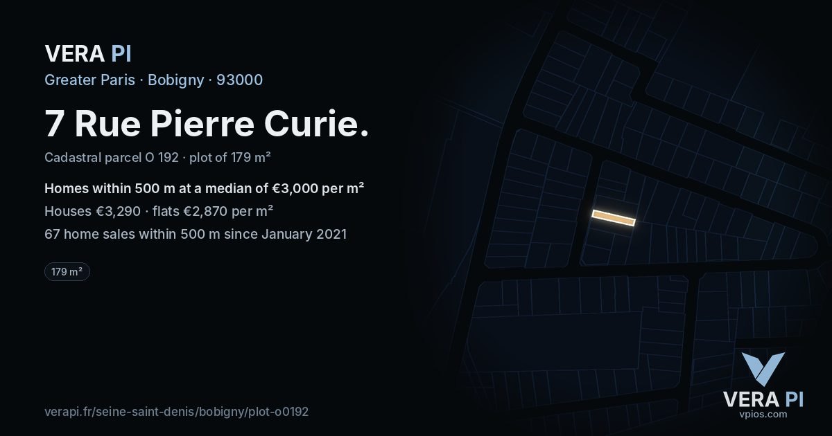 7 Rue Pierre Curie, Bobigny at night – the plot lit, the parcels around coloured by the prices near them