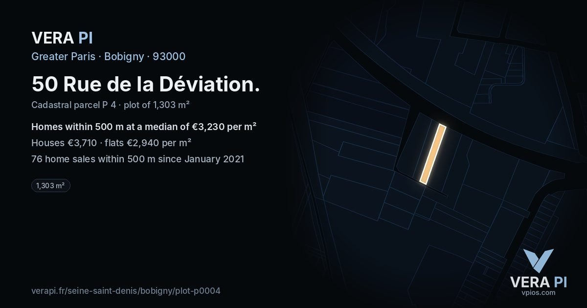 50 Rue de la Déviation, Bobigny at night – the plot lit, the parcels around coloured by the prices near them