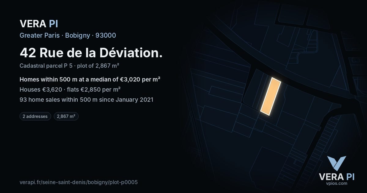 42 Rue de la Déviation, Bobigny at night – the plot lit, the parcels around coloured by the prices near them