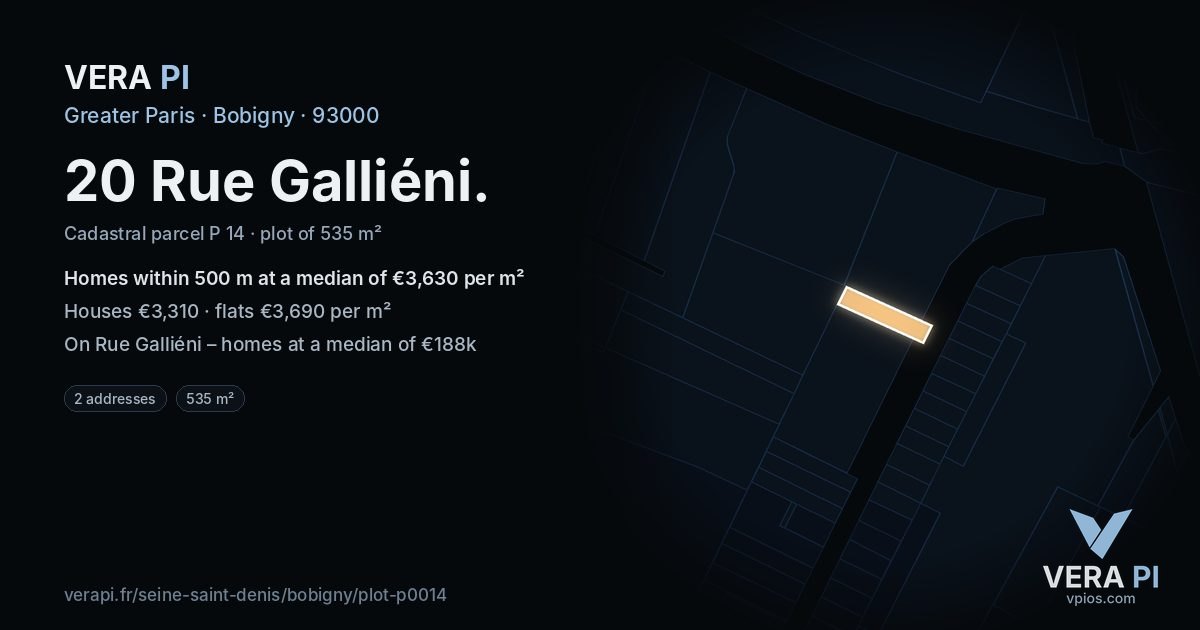 20 Rue Galliéni, Bobigny at night – the plot lit, the parcels around coloured by the prices near them