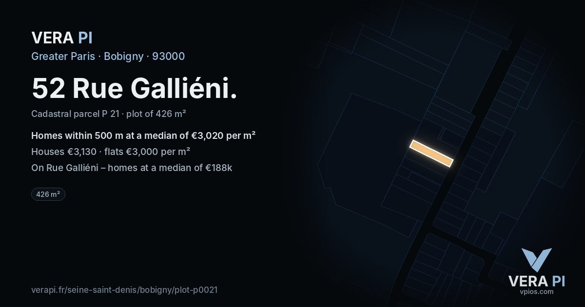 52 Rue Galliéni, Bobigny at night – the plot lit, the parcels around coloured by the prices near them