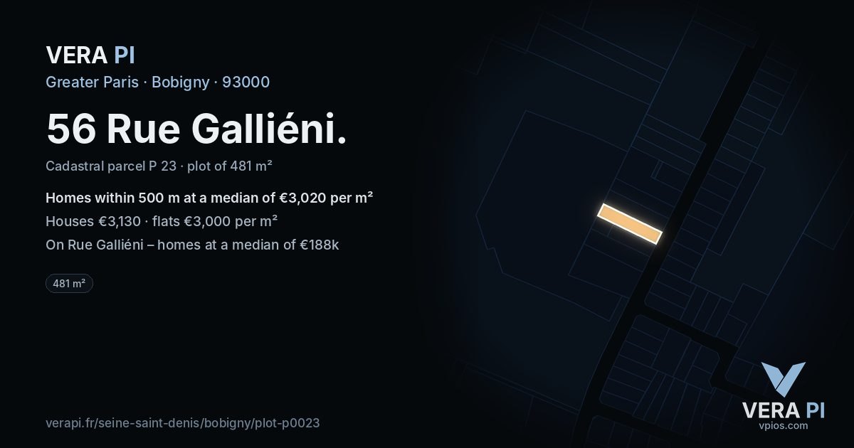 56 Rue Galliéni, Bobigny at night – the plot lit, the parcels around coloured by the prices near them