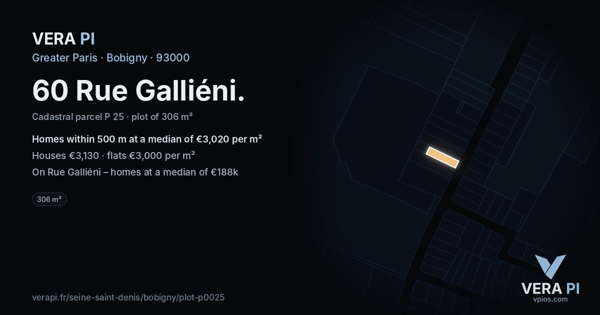 60 Rue Galliéni, Bobigny at night – the plot lit, the parcels around coloured by the prices near them