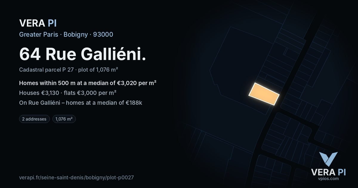 64 Rue Galliéni, Bobigny at night – the plot lit, the parcels around coloured by the prices near them