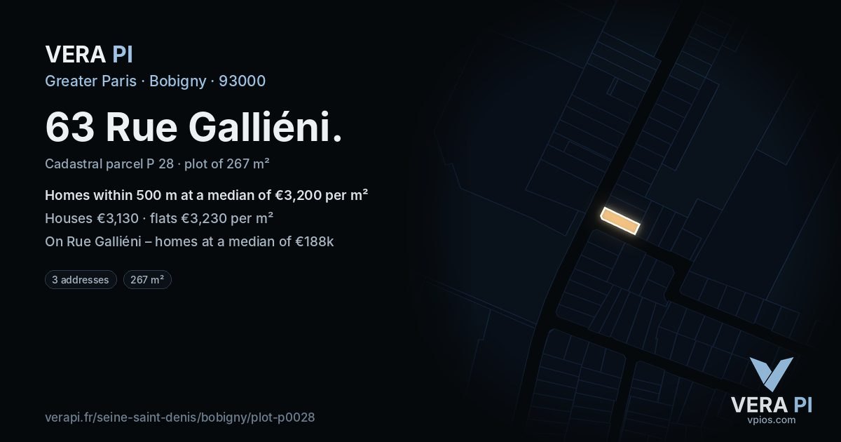 63 Rue Galliéni, Bobigny at night – the plot lit, the parcels around coloured by the prices near them