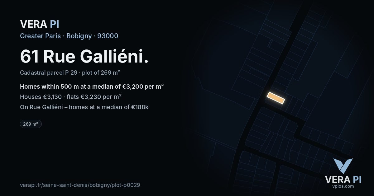 61 Rue Galliéni, Bobigny at night – the plot lit, the parcels around coloured by the prices near them