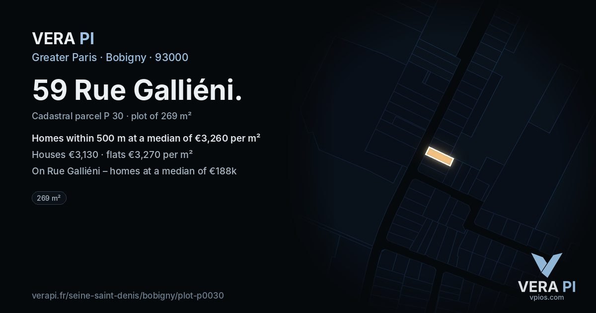 59 Rue Galliéni, Bobigny at night – the plot lit, the parcels around coloured by the prices near them