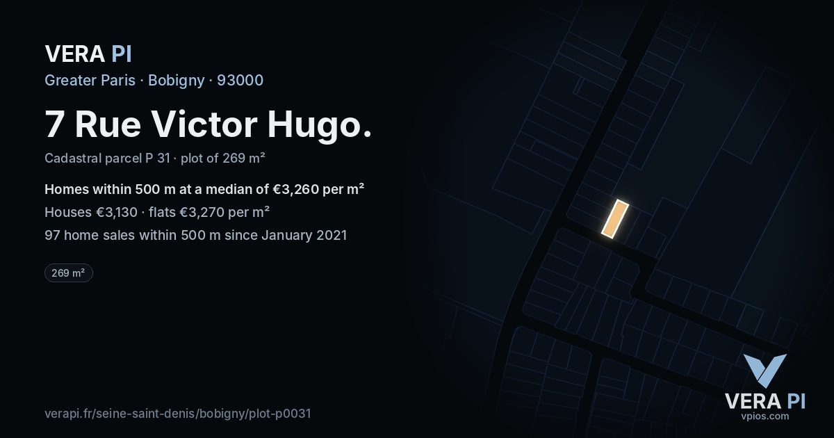 7 Rue Victor Hugo, Bobigny at night – the plot lit, the parcels around coloured by the prices near them