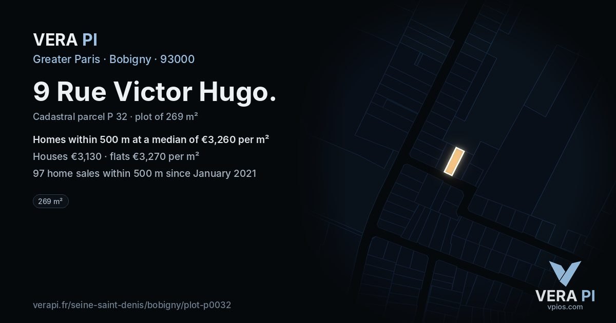 9 Rue Victor Hugo, Bobigny at night – the plot lit, the parcels around coloured by the prices near them