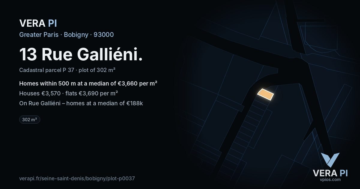 13 Rue Galliéni, Bobigny at night – the plot lit, the parcels around coloured by the prices near them