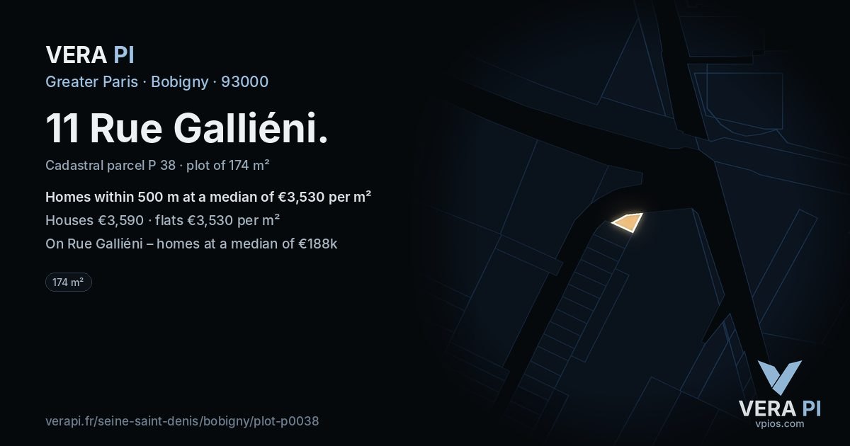 11 Rue Galliéni, Bobigny at night – the plot lit, the parcels around coloured by the prices near them