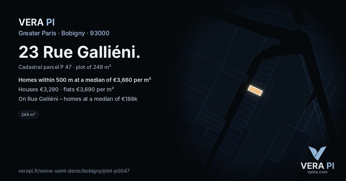 23 Rue Galliéni, Bobigny at night – the plot lit, the parcels around coloured by the prices near them