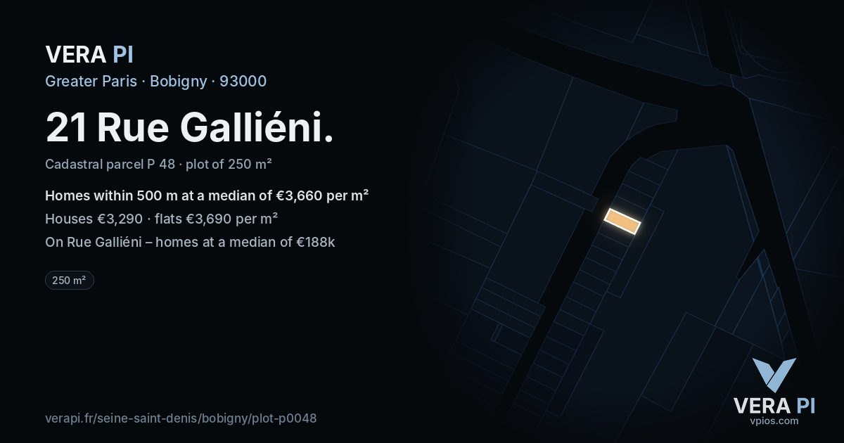 21 Rue Galliéni, Bobigny at night – the plot lit, the parcels around coloured by the prices near them