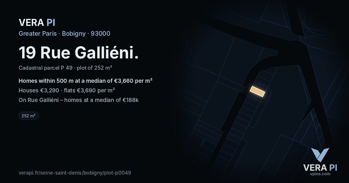 19 Rue Galliéni, Bobigny at night – the plot lit, the parcels around coloured by the prices near them