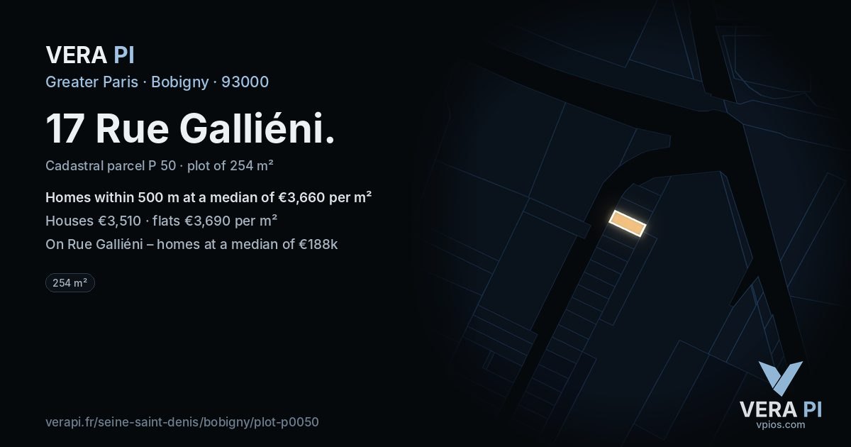 17 Rue Galliéni, Bobigny at night – the plot lit, the parcels around coloured by the prices near them