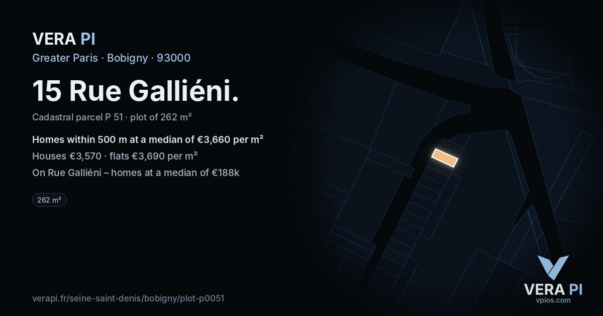 15 Rue Galliéni, Bobigny at night – the plot lit, the parcels around coloured by the prices near them