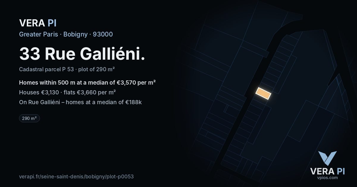 33 Rue Galliéni, Bobigny at night – the plot lit, the parcels around coloured by the prices near them