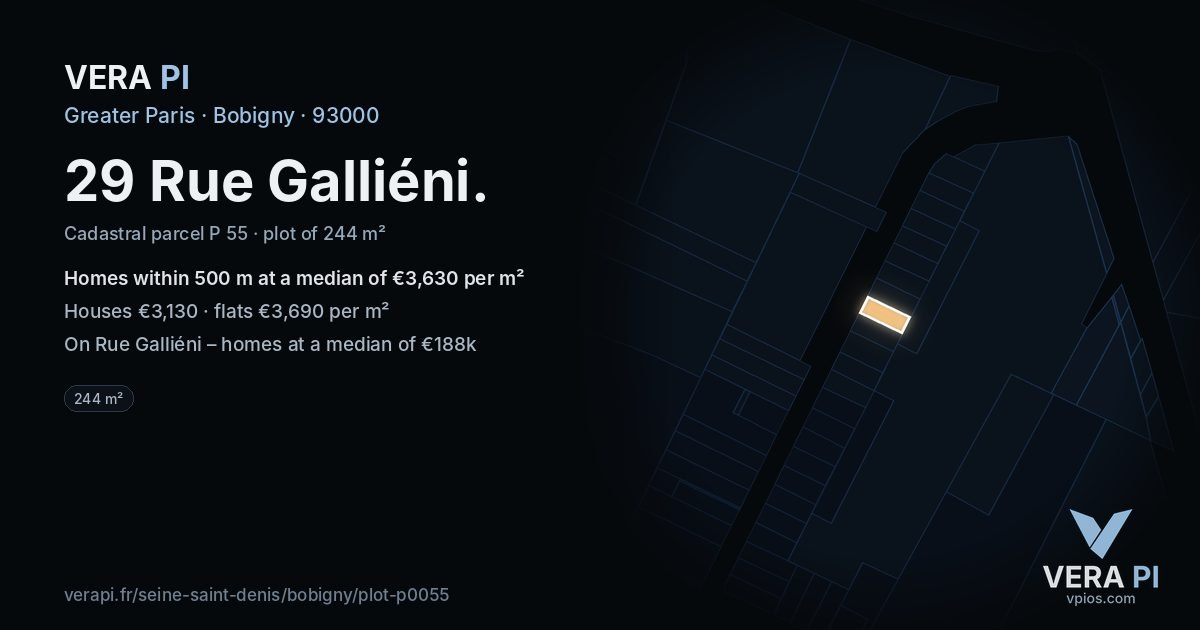 29 Rue Galliéni, Bobigny at night – the plot lit, the parcels around coloured by the prices near them
