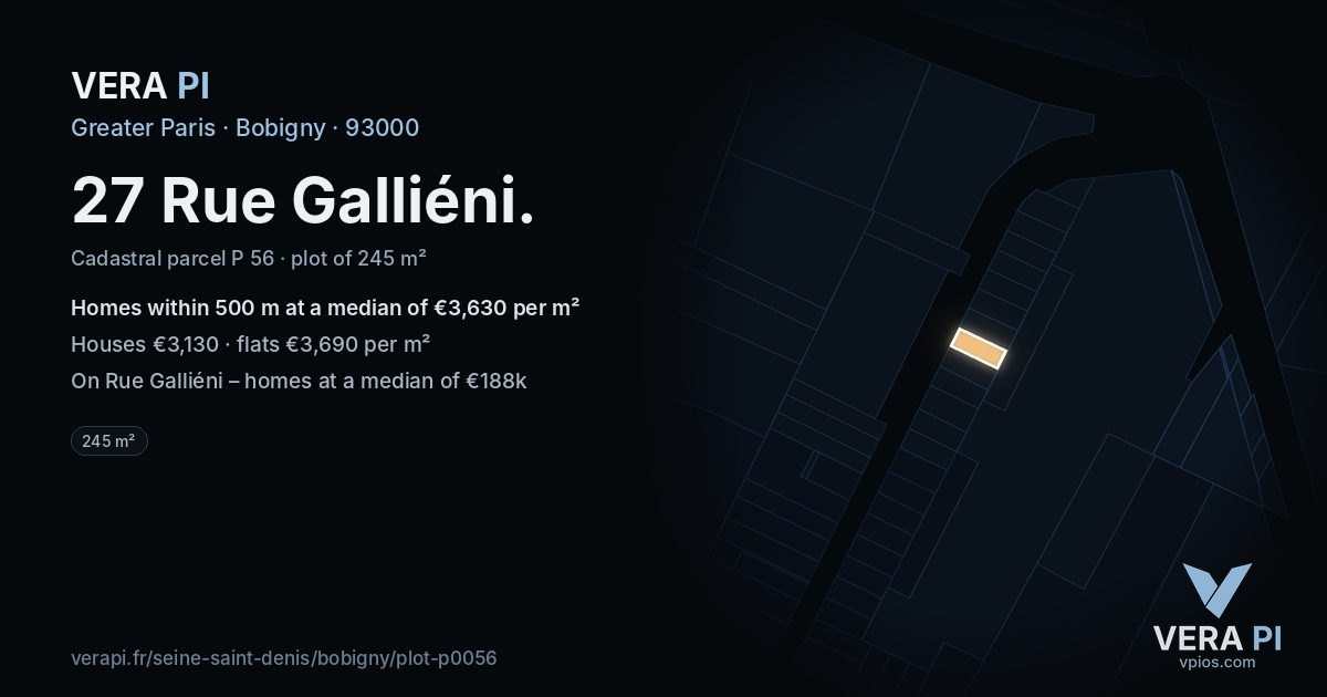 27 Rue Galliéni, Bobigny at night – the plot lit, the parcels around coloured by the prices near them