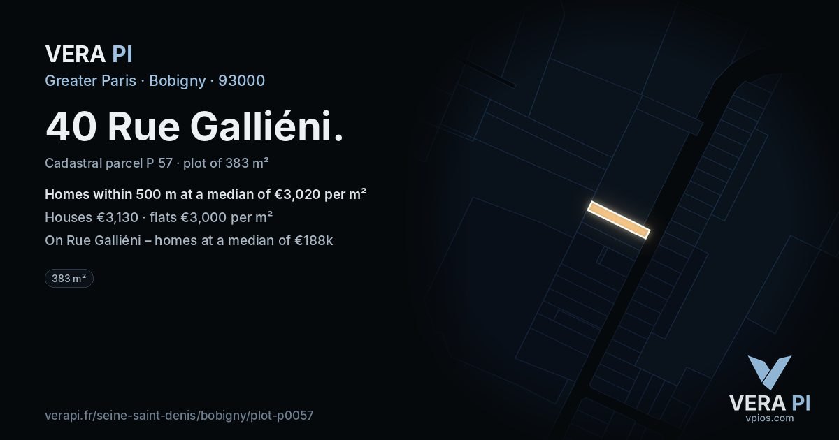 40 Rue Galliéni, Bobigny at night – the plot lit, the parcels around coloured by the prices near them