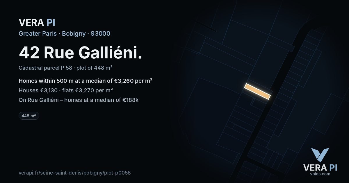 42 Rue Galliéni, Bobigny at night – the plot lit, the parcels around coloured by the prices near them