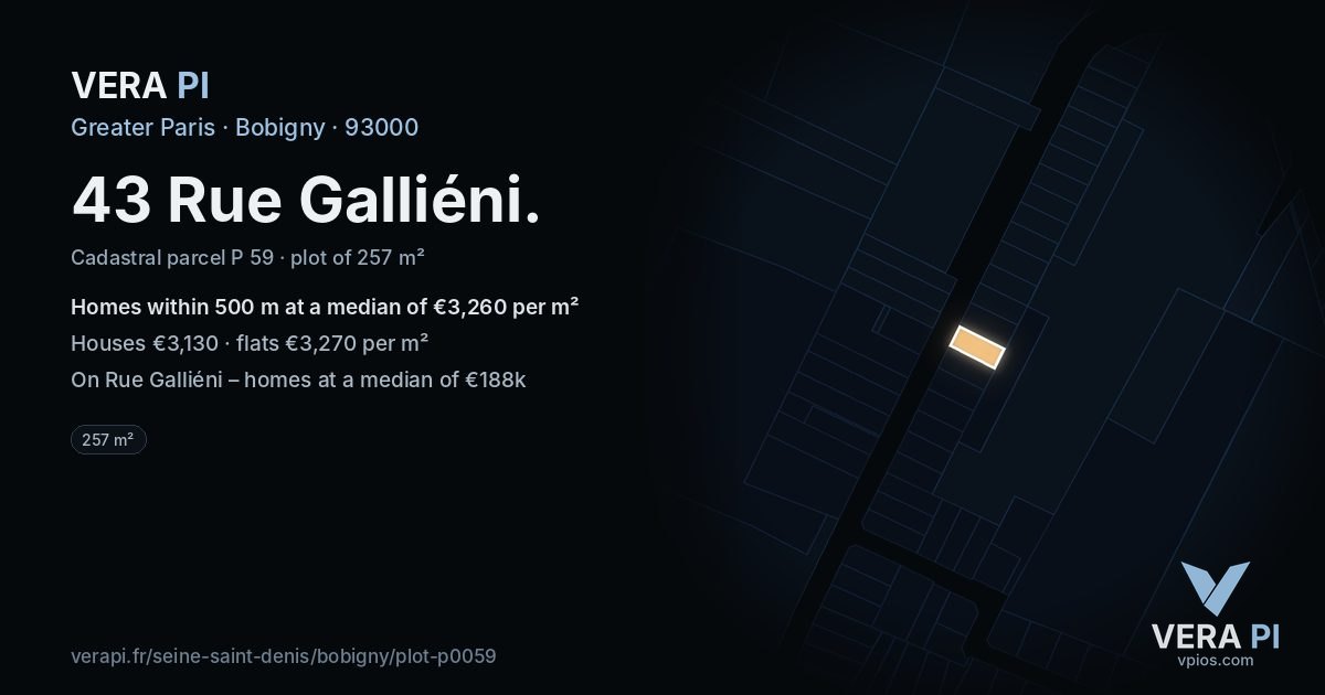 43 Rue Galliéni, Bobigny at night – the plot lit, the parcels around coloured by the prices near them