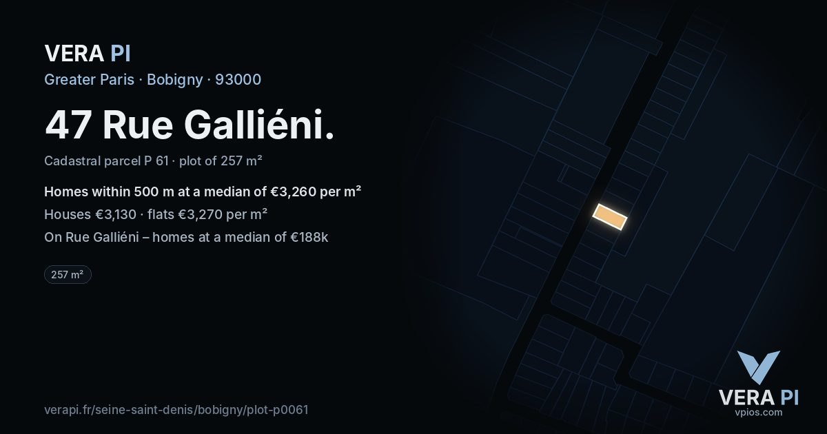 47 Rue Galliéni, Bobigny at night – the plot lit, the parcels around coloured by the prices near them