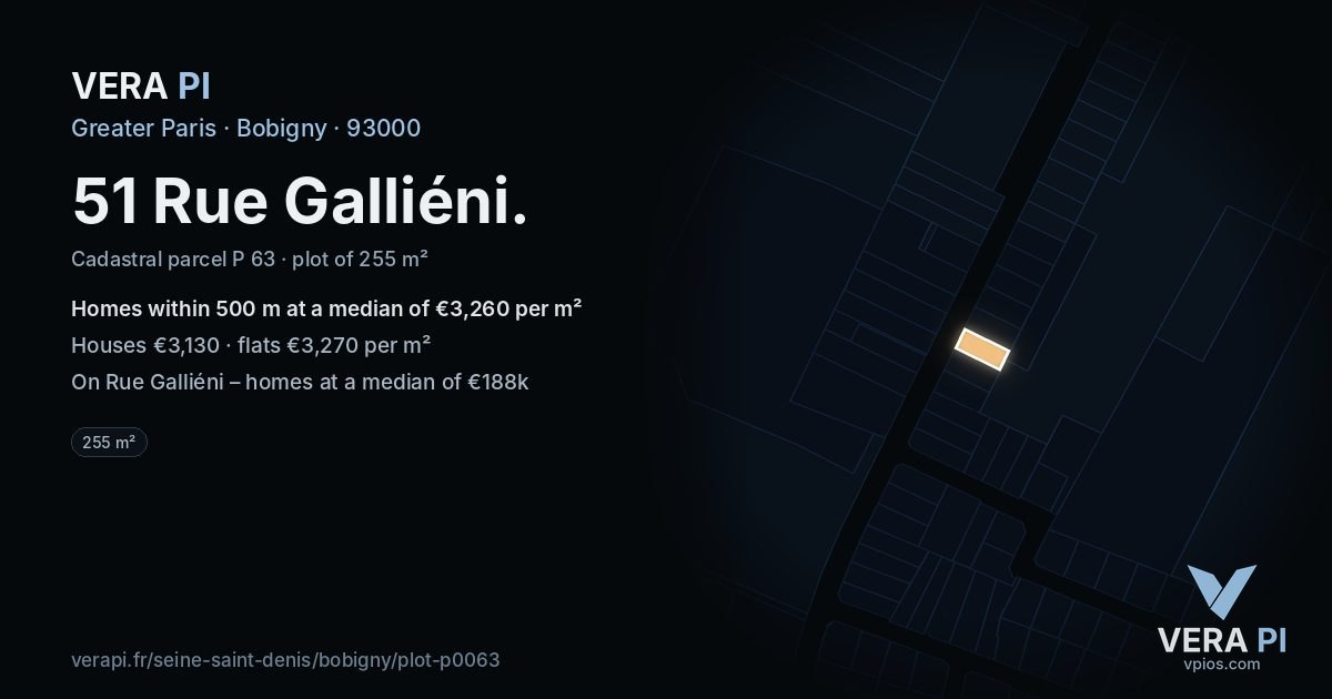 51 Rue Galliéni, Bobigny at night – the plot lit, the parcels around coloured by the prices near them