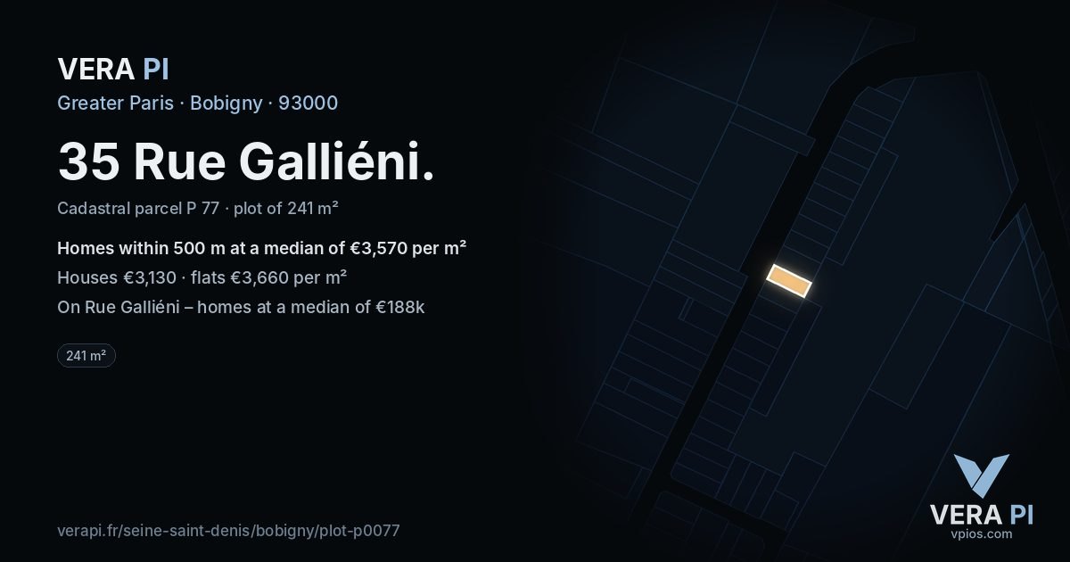 35 Rue Galliéni, Bobigny at night – the plot lit, the parcels around coloured by the prices near them