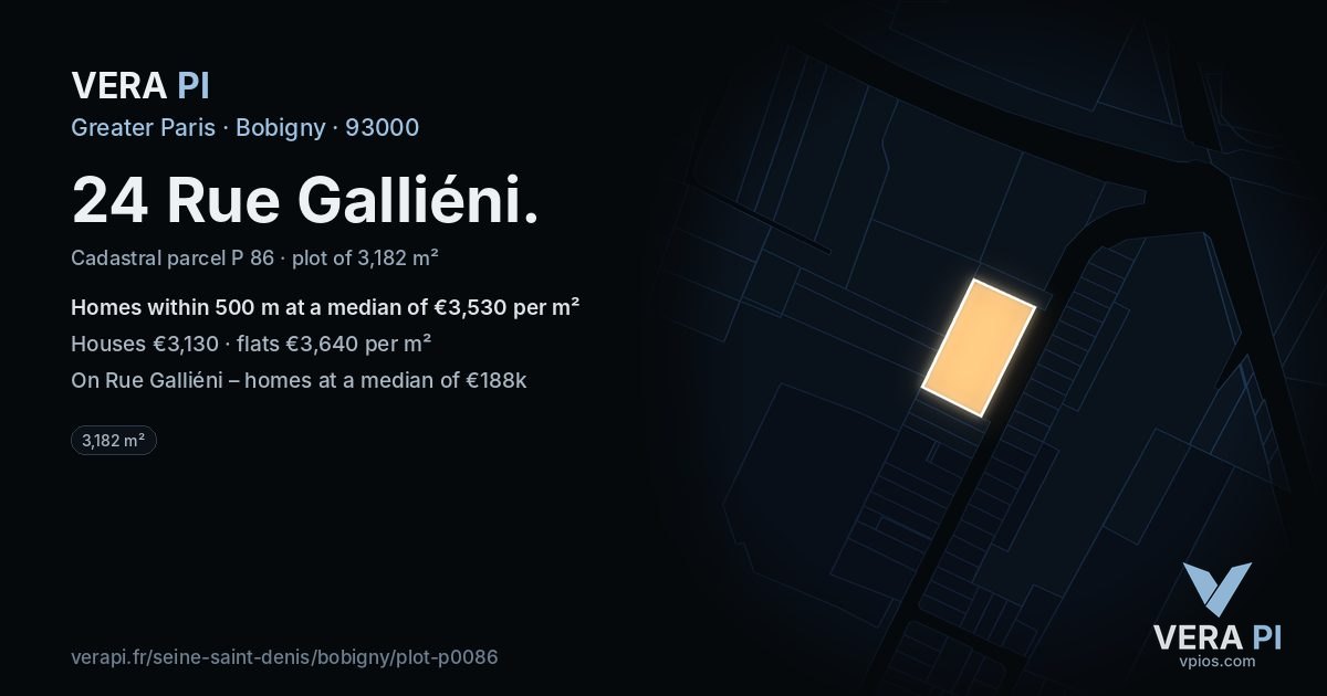 24 Rue Galliéni, Bobigny at night – the plot lit, the parcels around coloured by the prices near them