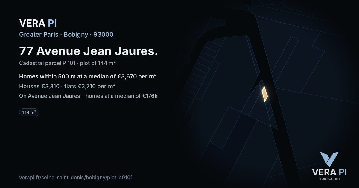 77 Avenue Jean Jaures, Bobigny at night – the plot lit, the parcels around coloured by the prices near them