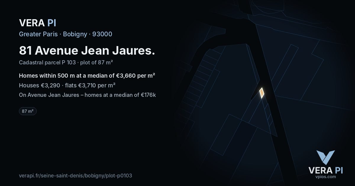 81 Avenue Jean Jaures, Bobigny at night – the plot lit, the parcels around coloured by the prices near them