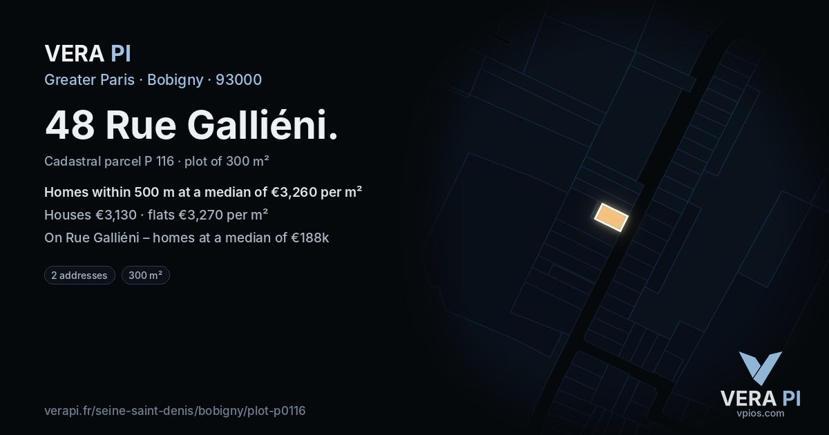 48 Rue Galliéni, Bobigny at night – the plot lit, the parcels around coloured by the prices near them