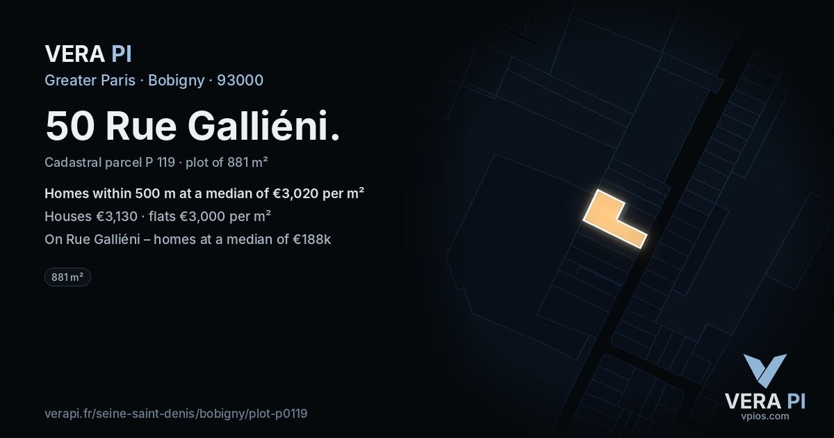 50 Rue Galliéni, Bobigny at night – the plot lit, the parcels around coloured by the prices near them