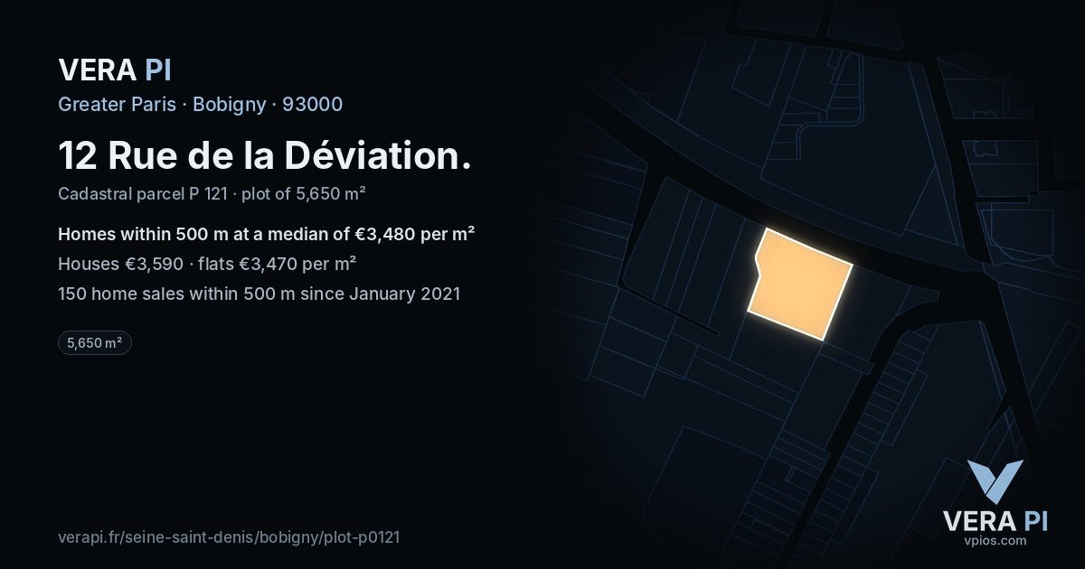 12 Rue de la Déviation, Bobigny at night – the plot lit, the parcels around coloured by the prices near them