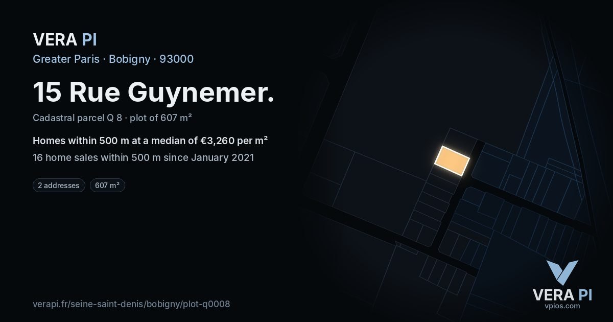 15 Rue Guynemer, Bobigny at night – the plot lit, the parcels around coloured by the prices near them