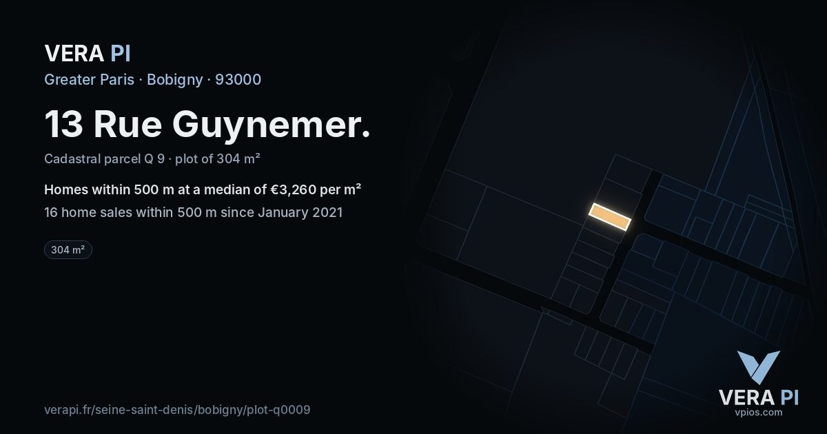 13 Rue Guynemer, Bobigny at night – the plot lit, the parcels around coloured by the prices near them
