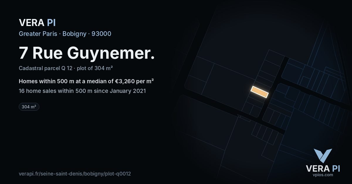 7 Rue Guynemer, Bobigny at night – the plot lit, the parcels around coloured by the prices near them