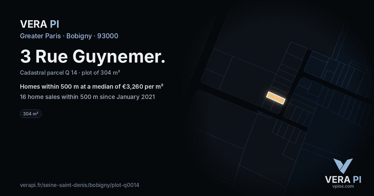 3 Rue Guynemer, Bobigny at night – the plot lit, the parcels around coloured by the prices near them