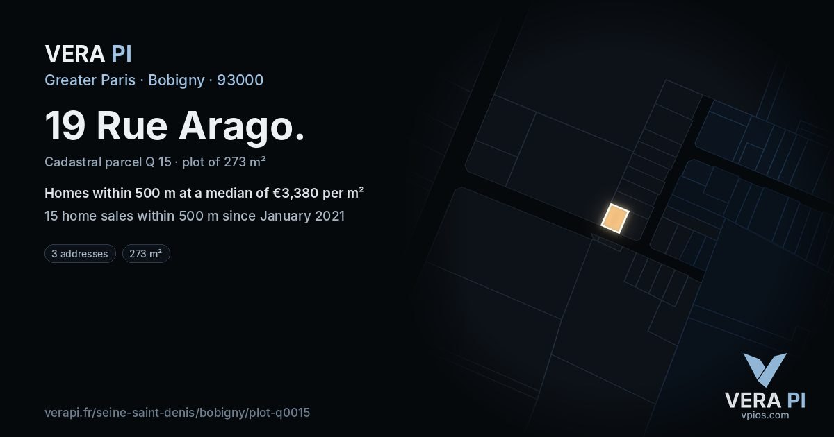 19 Rue Arago, Bobigny at night – the plot lit, the parcels around coloured by the prices near them