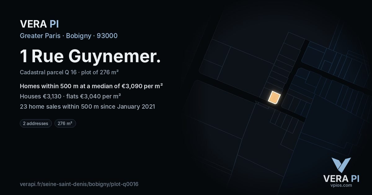 1 Rue Guynemer, Bobigny at night – the plot lit, the parcels around coloured by the prices near them
