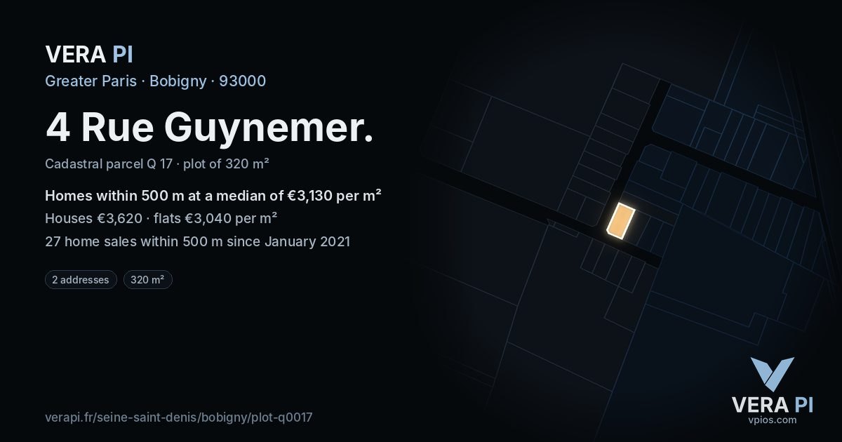 4 Rue Guynemer, Bobigny at night – the plot lit, the parcels around coloured by the prices near them